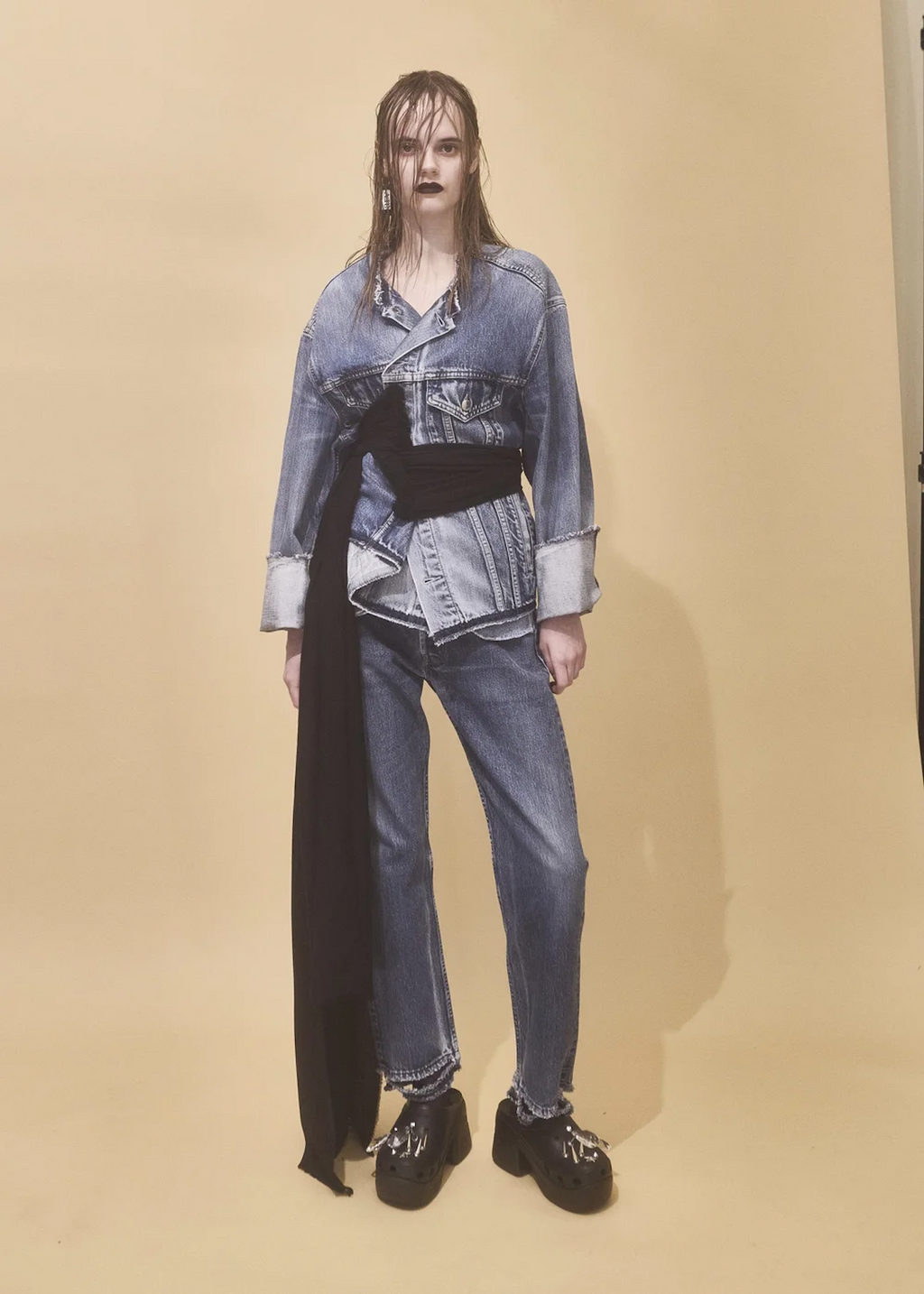 Deconstructed Levi's Denim Jacket with Draped Wool Wrap