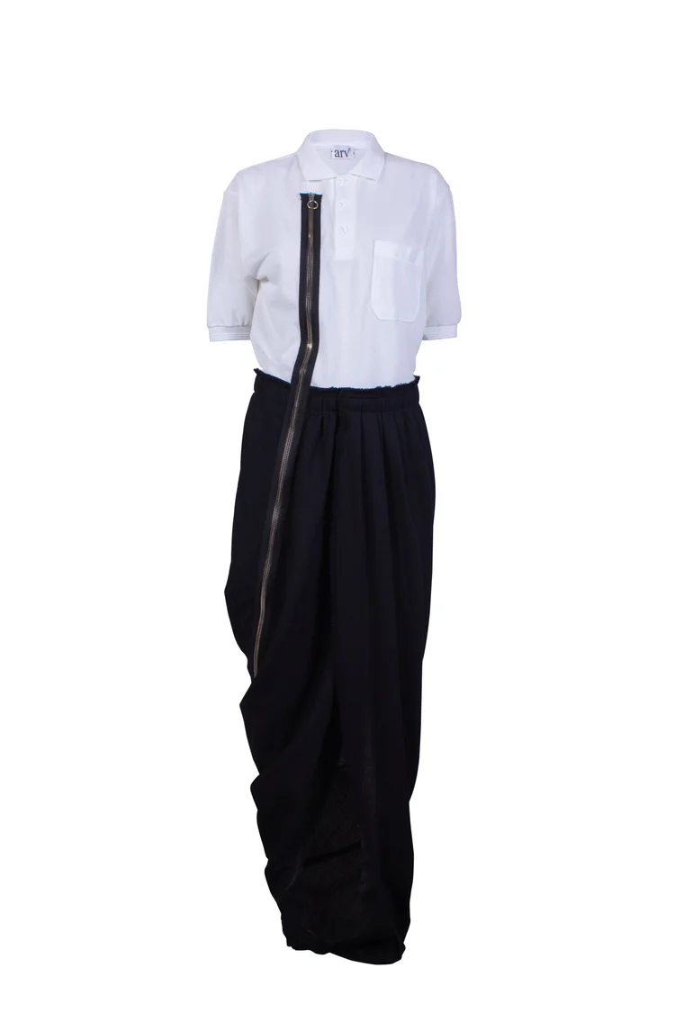 HYBRID POLO DRESS WITH HEAVY DRAPED WOOL SKIRT