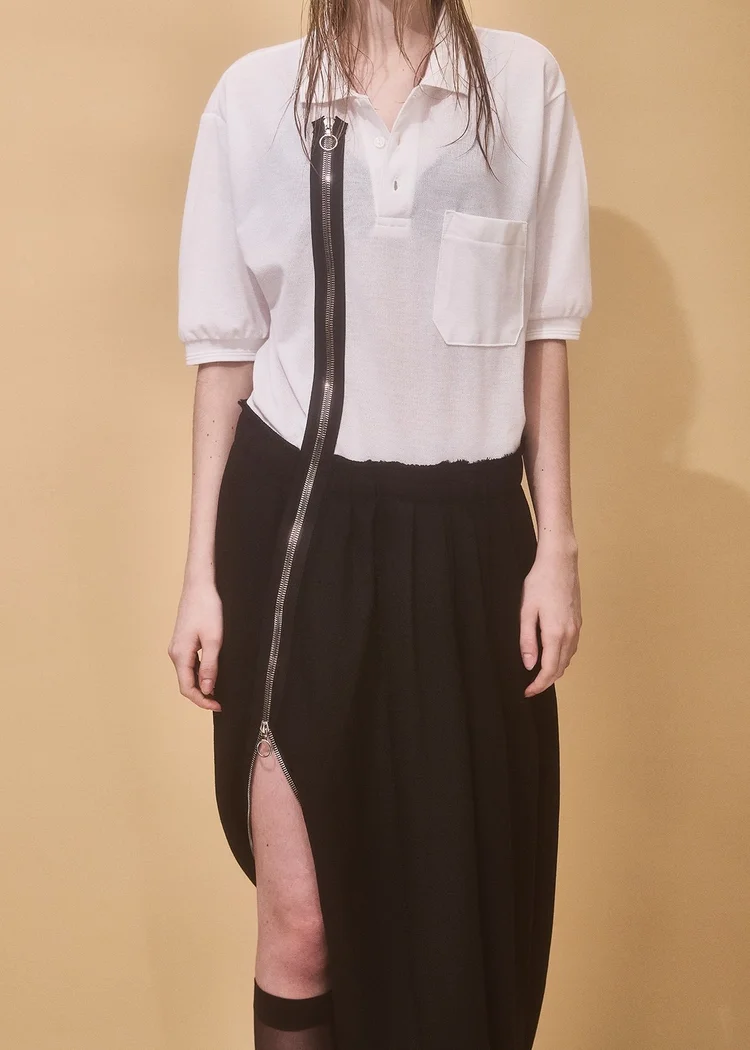 HYBRID POLO DRESS WITH HEAVY DRAPED WOOL SKIRT