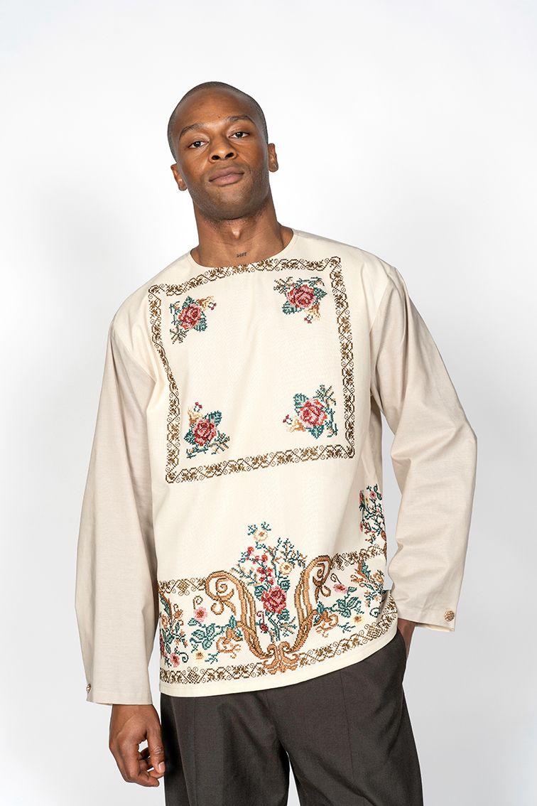 The Long Sleeve Shirt / Beige with Embroidery