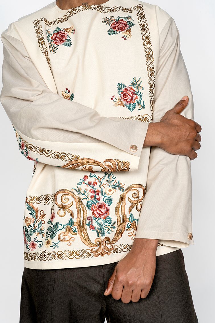 The Long Sleeve Shirt / Beige with Embroidery