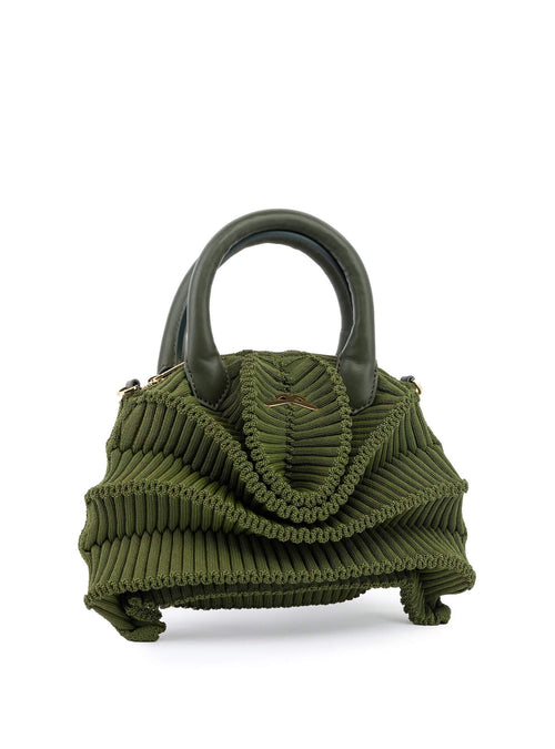 Gestrickte Balom Attesa Leder Handtasche in Pesto Grün in vollständiger Vorderansicht