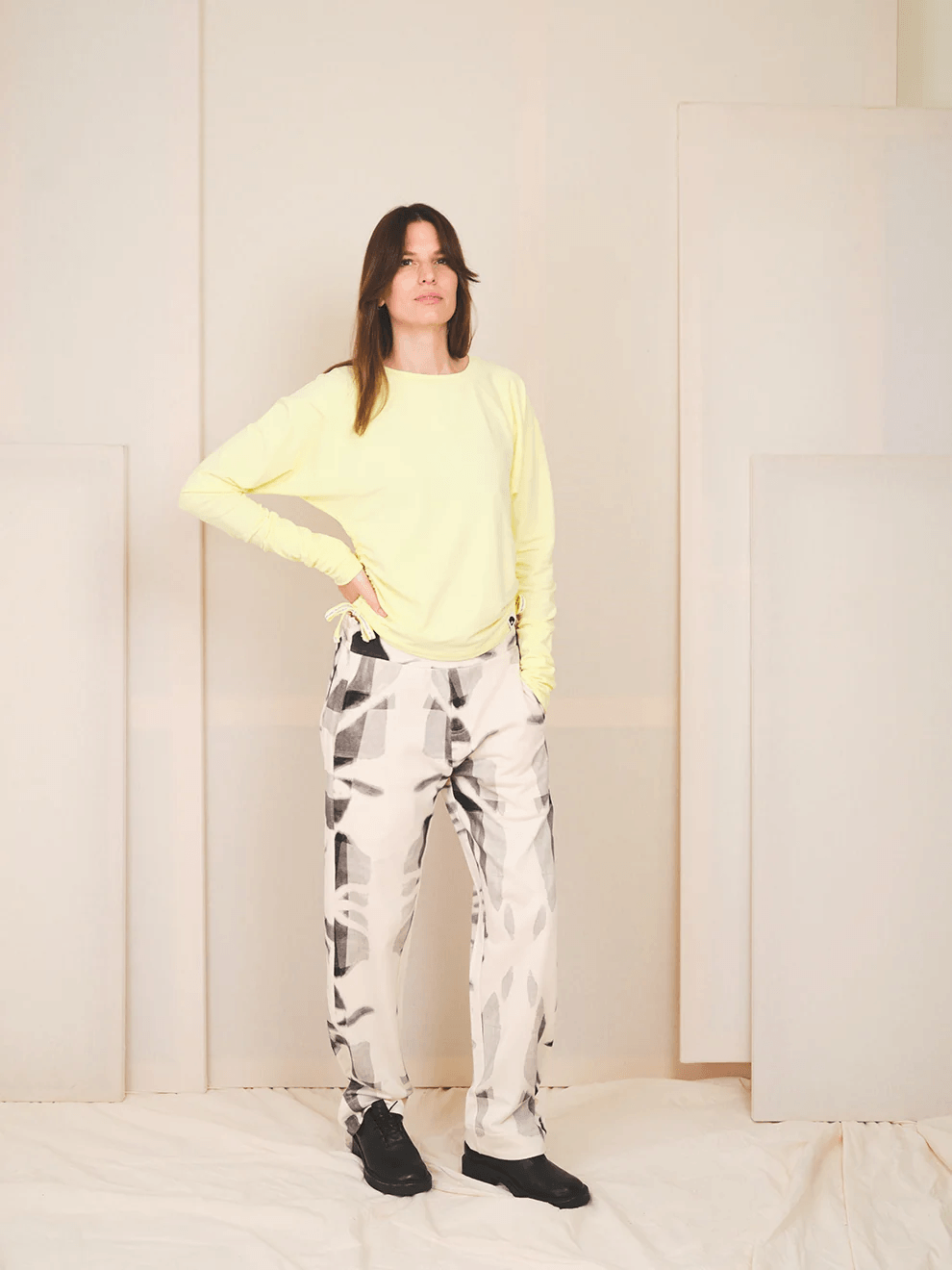 RE-GARDE Pants 001 fine art print organic cotton wide leg trousers front view at NOUS Studio