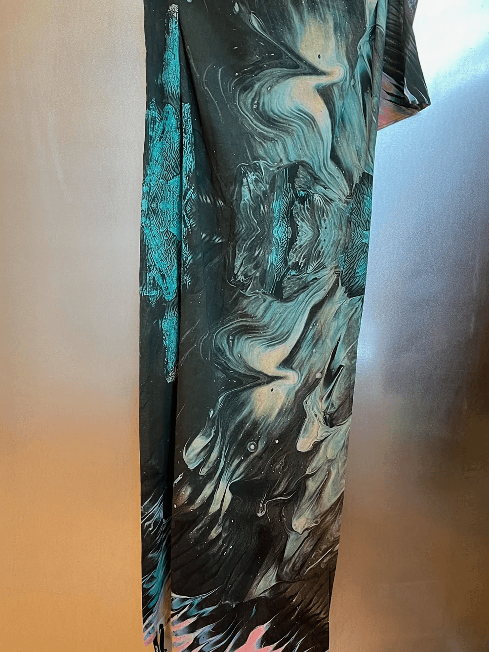 Scarf 005 by RE-GARDE hanging to demonstrate the lightweight fluid drape and color saturation