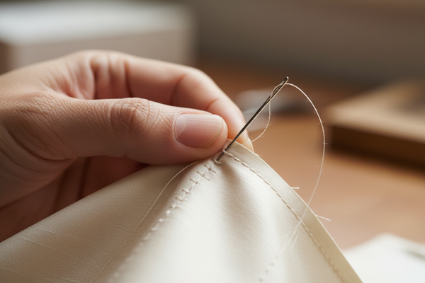 show a closup picture of a tailor hands working on stitches